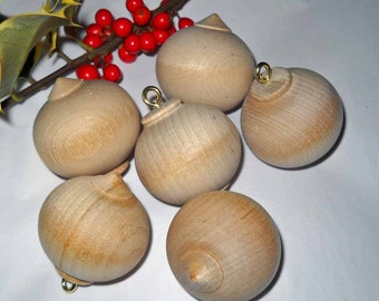 Six Turned Wooden Ornaments, Unfinished Wooden Ball Christmas Ornaments, DIY Wood Turnings
