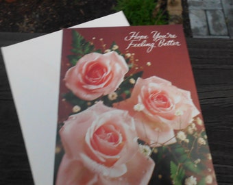 Vintage greeting card/vintage get well card/get well soon/get well wishes/fhope you're feeling better/flowers/feminine/pink