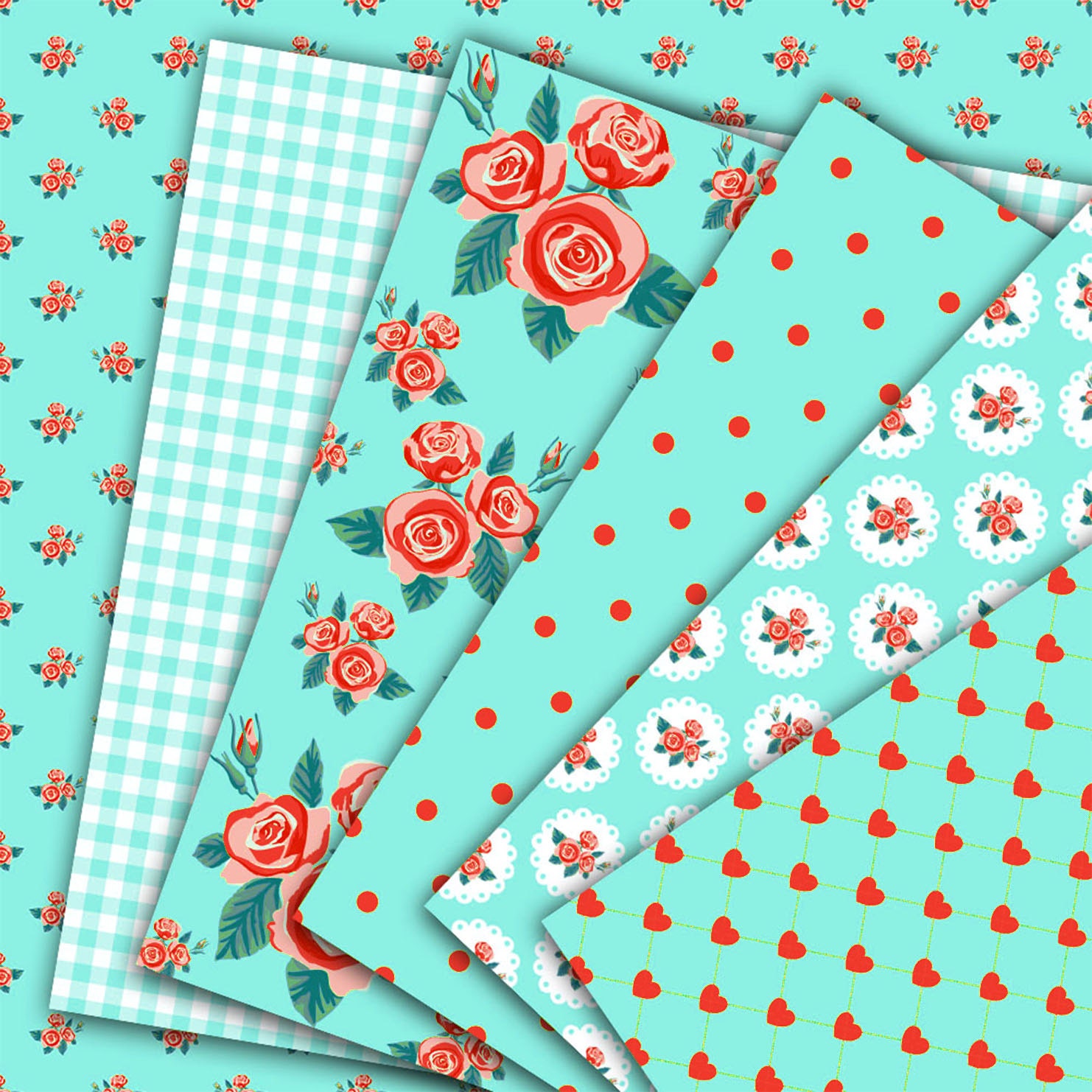 Mint green digital paper "Mint and Red Elegance" floral digital paper