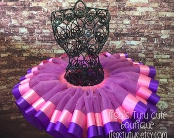 Pink and purple ribbon trimmed tutu. Pink and purple tutu. Doc Mcstuffins tutu. Birthday tutu. Party tutu. Dance tutu. Recital tutu.