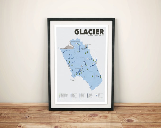 Glacier National Park Map, Glacier, Outdoors print, Explorer Wall Print