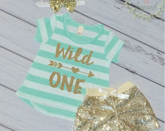 Wild One First Birthday Outfit Girl First Birthday T-Shirt Shorts Headband Set 1st Birthday Girl 023