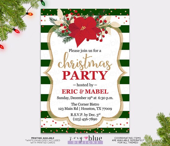 Christmas Party Invitation - Poinsettia Red Gold Holiday ...