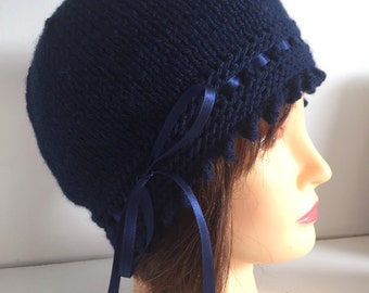 Blue Beanie Hat, 1920s Hat, Navy Knitted Hat, Womens Hats, Gatsby Wool Hat, Vintage Style Hat, Fancy Hat, Ribbon Hat, Gift Hat,
