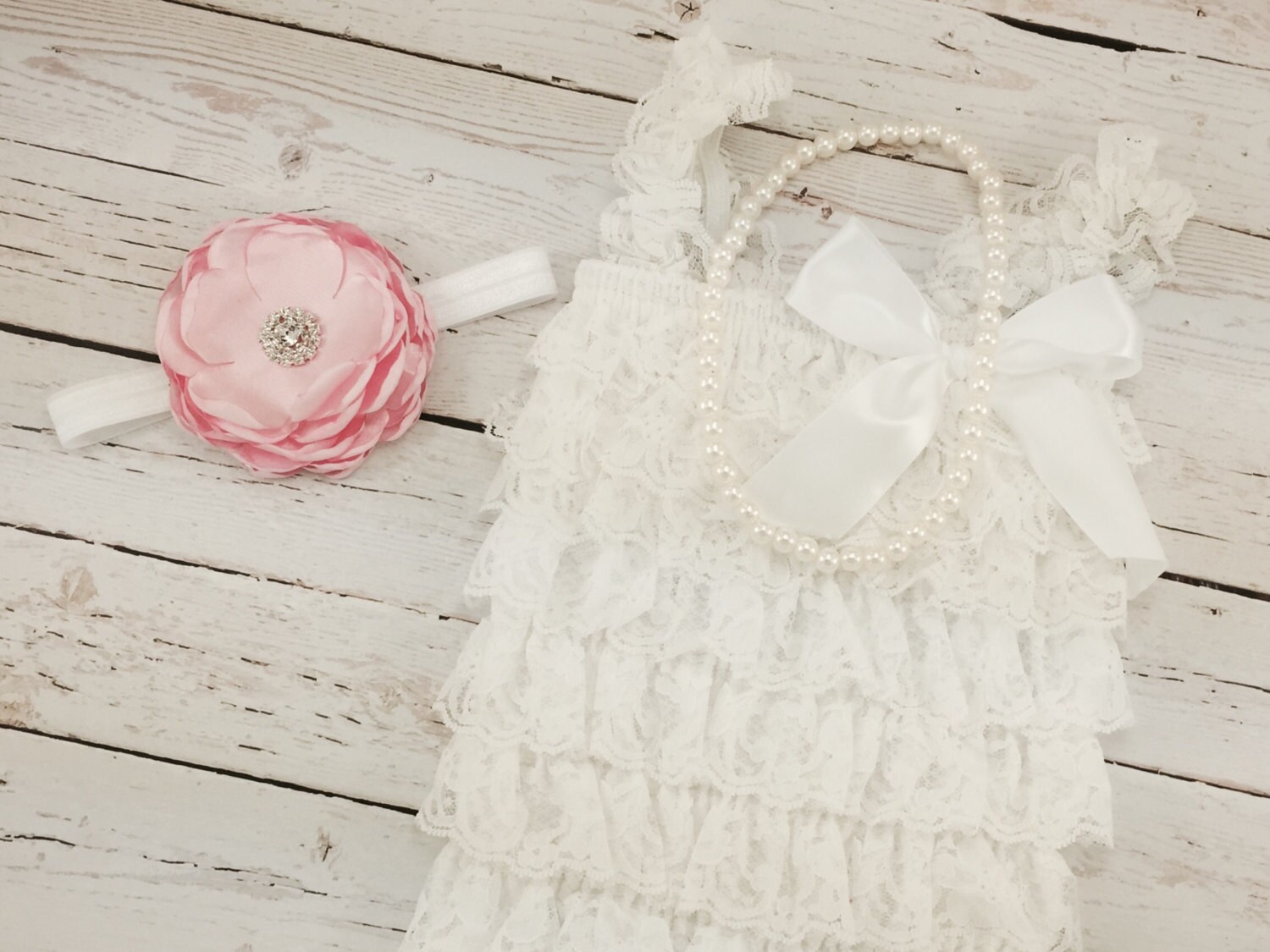 3 pc SET Light Pink /White Romper Baby Girl Rompers Lace