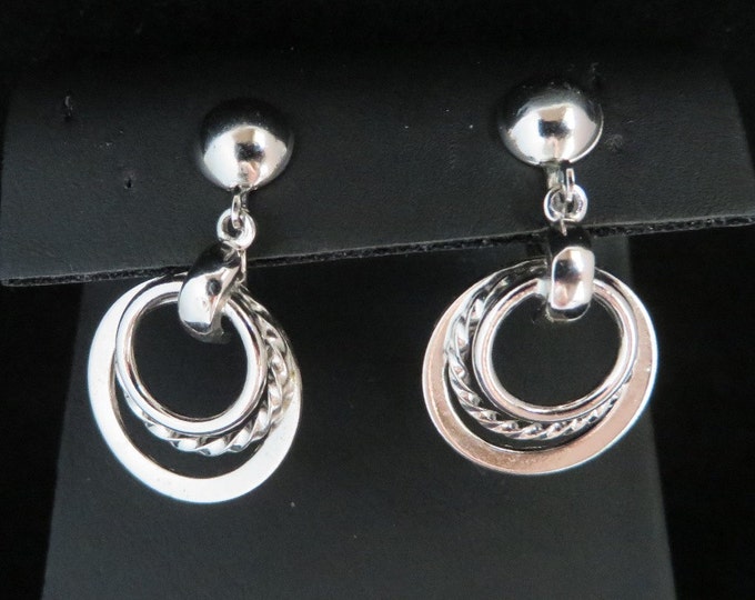 Coro Dangling Hoop Earrings, Vintage Silvertone Triple Hoop Screwback Earrings