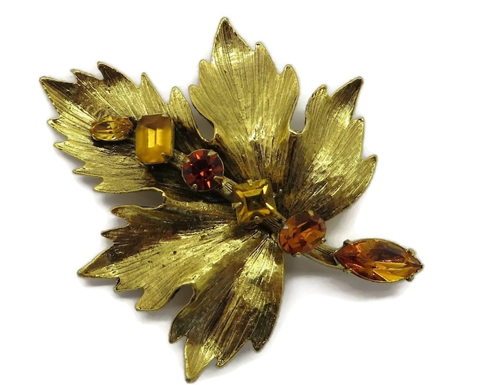 Graziano Gold Tone & Amber Rhinestone Brooch, Vintage Designer Leaf Pin