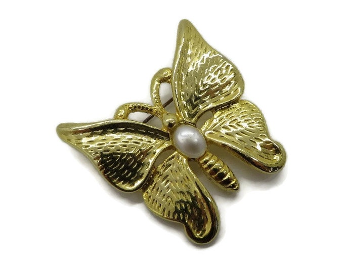 Vintage SFJ Butterfly Brooch, Gold Tone Faux Pearl Pin, Designer Signed Gift Idea