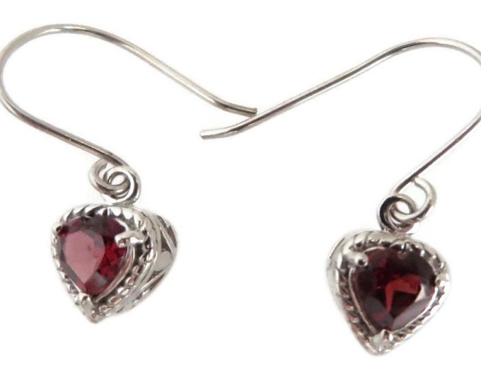 Garnet Heart Earrings Vintage Sterling Silver Dangling Pierced Earrings Bridal Jewelry