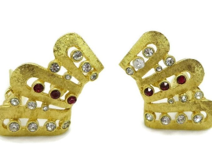 Hattie Carnegie Rhinestone Fan Earrings, Vintage Gold Tone Red White Rhinestone Clip-on Earrings