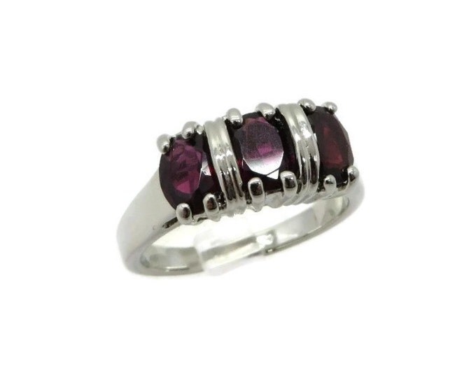 Vintage Faux Garnet Three Stone Sterling Siver Ring, Size 10