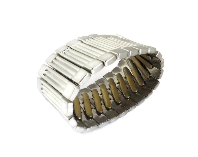 Vintage Expansion Bracelet | Chunky Silver Tone Bracelet - Ribbed Wide Band Cuff