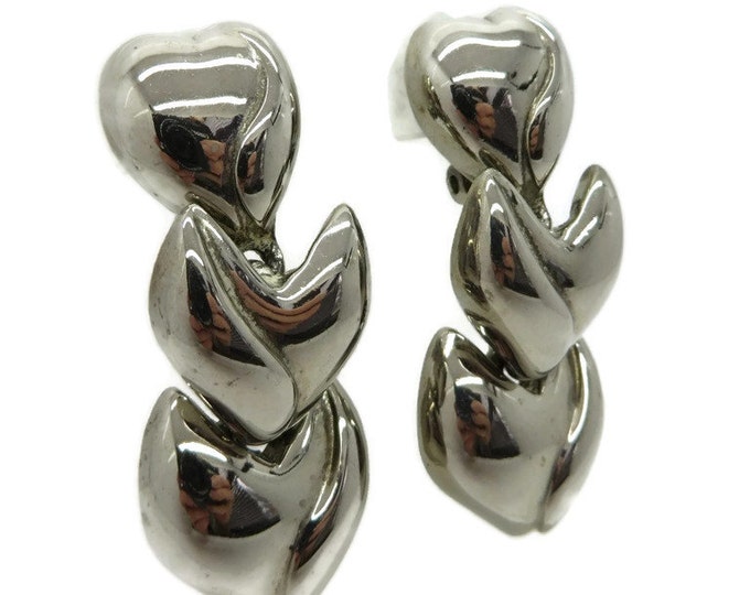 Dangling Heart Earrings - Vintage Fernando Originals Earrings, Silver Tone Clip-ons, Gift for Her, Gift Box