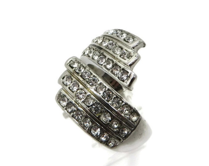 Vintage CZ Wrap Ring, Silver Tone Metal Multi Row CZ Cocktail Ring, Size 8.5
