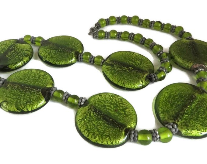 Vintage Crackle Glass Necklace, Green Glass Disks and Beads MOD Necklace