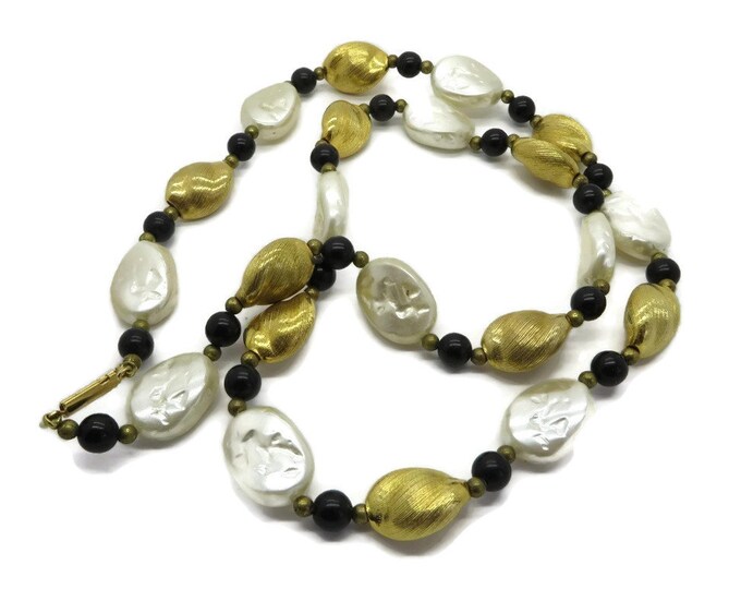 Black White and Gold Glass Bead Vintage Necklace, 29 Inch Length
