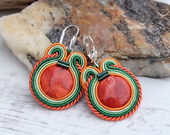Small Coral Soutache Earrings-Orange Red Earrings-Gemstone Crystal Earrings-Coral Earrings-Coral Jewelry-Boho Ethnic Earrings-Beaded Earring