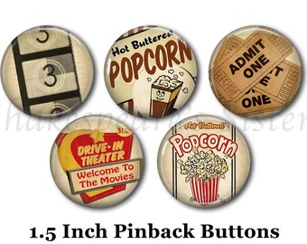 Retro 50's Style Pins - 5 Pinback Buttons - 1.5" Pinbacks - Movie Theater - Drive-In Theater - Popcorn Pins