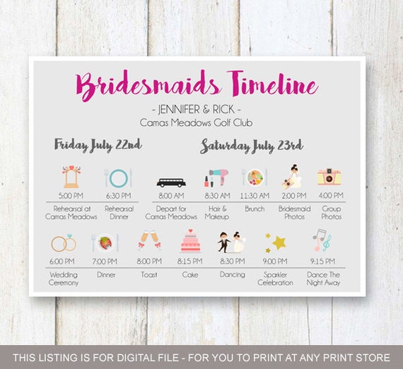 Custom Bridesmaids timeline program Wedding Timeline