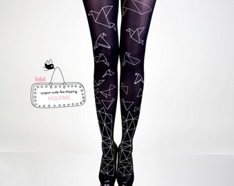 Origami Birds - black hand printed tights