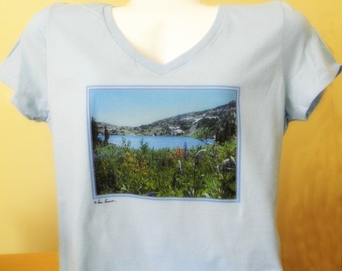 WOMENS Vneck T Shirt created by Pam Ponsart of Pam's Fab Photos featuring High-Altitude Wildflowers on a Azure Blue tee shirt