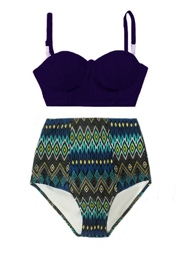 Navy Blue Underwire Midkini Top and Tribute Aztec Highwaisted