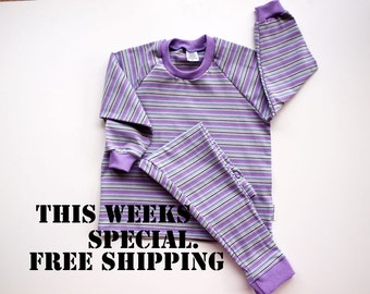 Girls Pajamas. Girls Ski Style Pyjamas, girls PJ's, Girls sleepwear, Mauve and Taupe stripe,super adorable. Size 1 and Size 2