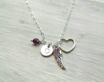 Initial Birthstone Remembrance Necklace - Angel Wing Gift for Loss of Loved One - In Memory Of - Infant, Child, Spouse Loss - Bereavement