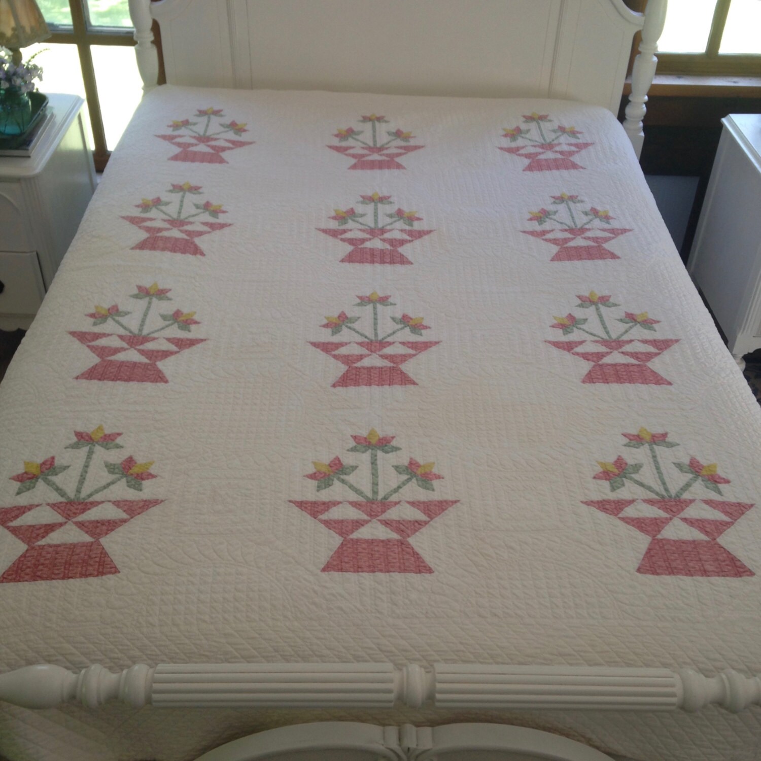 Antique flower basket quilt hand pieced and by MilkweedVintageHome