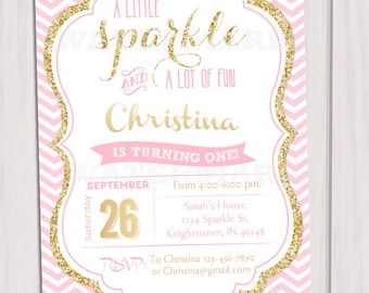 Pink and Gold invitation, Gold Glitter Invitation, 1st Birthday Invitation, Girl Birthday Invitation, Kids birthday invite, Printable invite