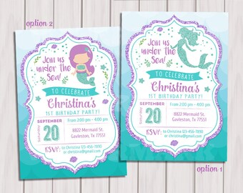 Mermaid Birthday Invitation, Little Mermaid Party Invite Under the sea, Mermaid Glitter Printable Invitation, 1st Birthday