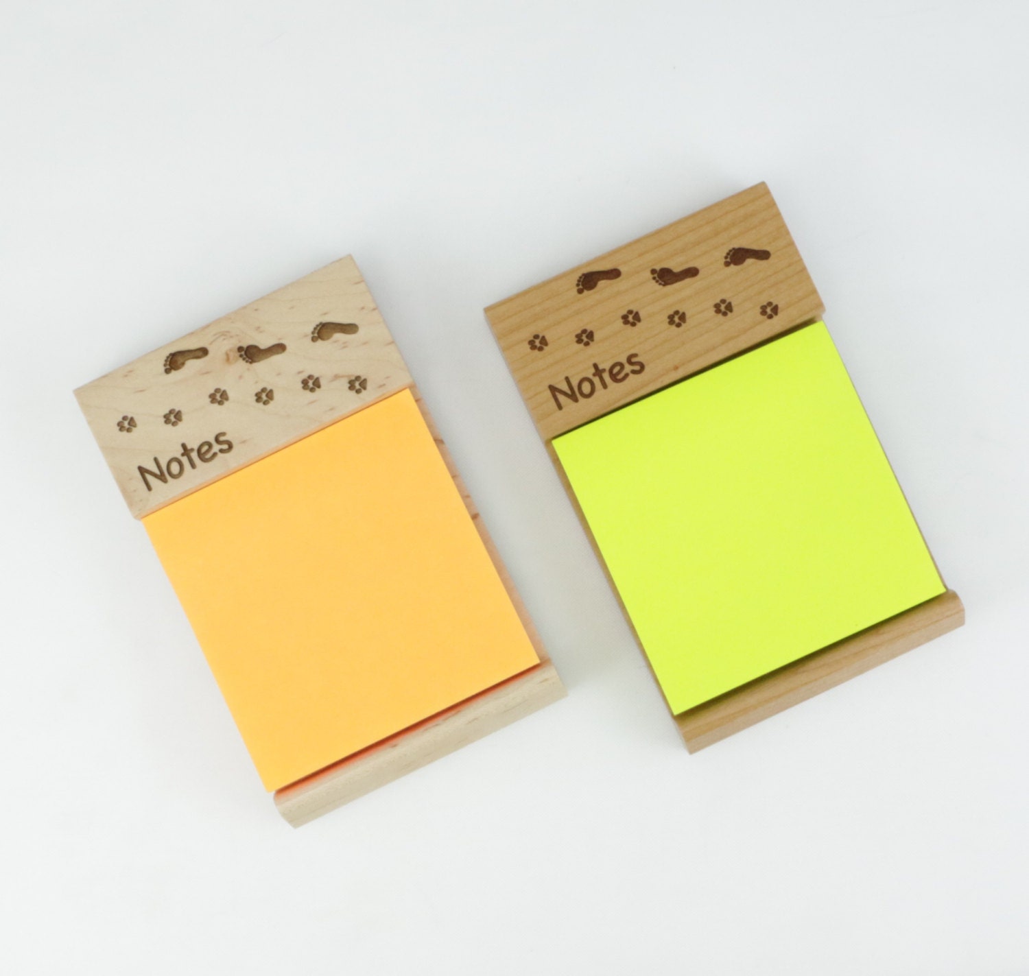 Wood Sticky Note Pad Holder Engraved with Dog Paw Prints and