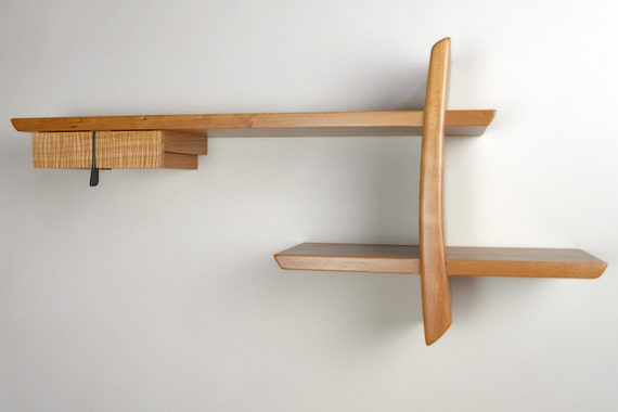 Japanese-Inspired Solid Cherry and Maple Wood Wall Shelf