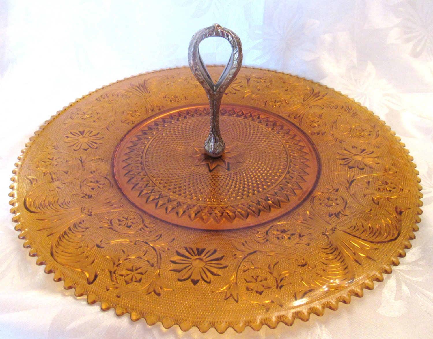 Rare Amber Sandwich Glass Large 16 Inch Serving Tray Platter