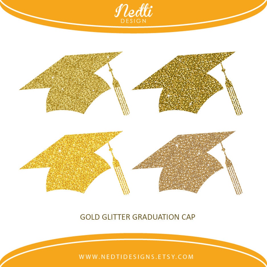 4 Glitter Gold Graduation Cap Golden Glitter Hat Clip Art