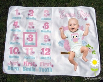 Personalized Owl Monthly Baby Blanket - Girls' Owl Growth Chart Blanket - Baby Month Blanket with Owl - Baby Photo Prop - Baby Shower Gift