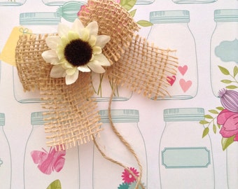 Burlap Mason Jars Bows / Small Burlap Bows Decor with Flower / Burlap Bows with Off White Sunflower/ Set of 12 / Handmade Small Bows
