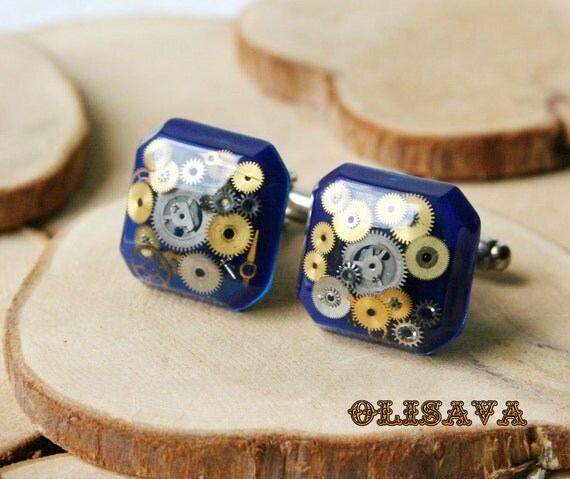 Steampunk Cufflinks , Square Resin Cabochons , Resin Jewelry , watch parts cufflinks , watch parts Square Resin Steampunk cufflinks by Olisava steampunk buy now online