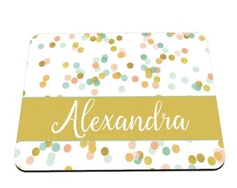 Personalized Mouse Pad - Gold Polka Dot Personalized Gift for her - Coral Mint