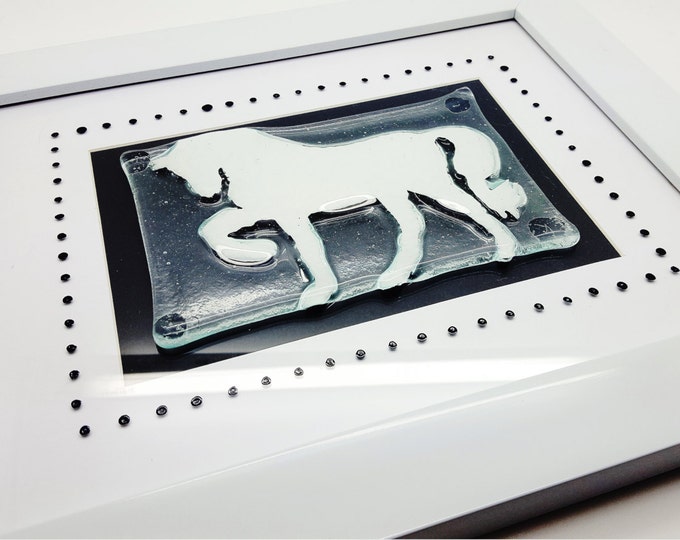 Fused glass framed display panel wall art - dancing horse. Childrens bedroom design. Equine gifts. Black and white artwork. Monotone art.