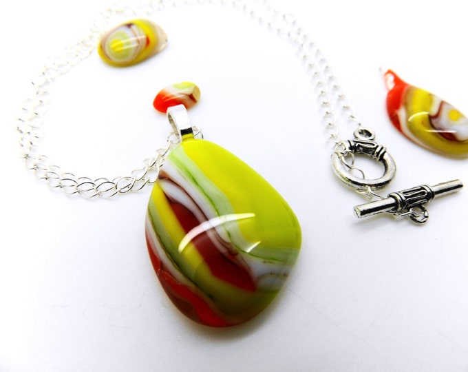 green orange fused glass pebble necklace. Contemporary jewellery/jewelry. Modern colourful fashion accessories. Birthday anniversary gift