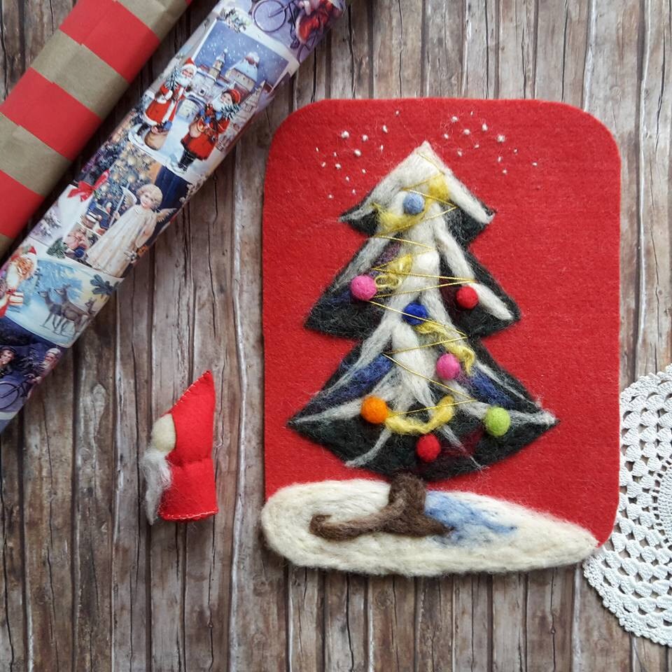 Christmas wall hanging Xmas fiber art embroidered felted