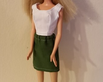 B 057 For 11 1/2" fashion dolls, white sleevelesscotton blouse and green kahki cotton skirt