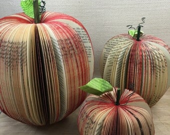 BOOK PAGE APPLE • teacher appreciation gift • teacher gift • back to school• red or green apple • book page art • end of school recycled