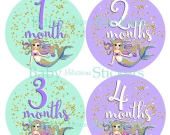 GIFT, Baby Girl Monthly Stickers, Baby Month Stickers, Mermaid, Nautical, Gold Faux Glitter, Lavender, Purple Aqua, Nursery Decor
