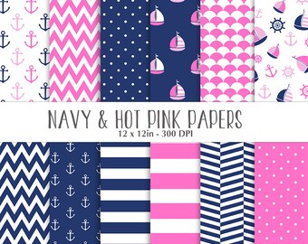 ON SALE Nautical Navy Hot Pink Papers - Scrapbooking Papers - Commercial Use - Sailboat - Anchor - Navy and Pink Nautical Papers