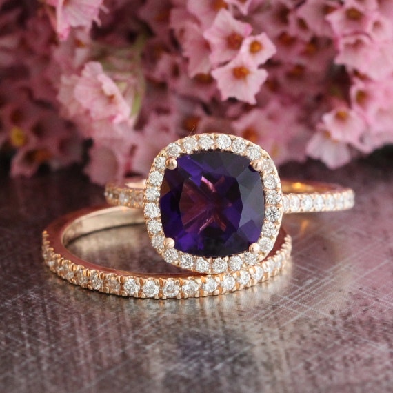 Half Eternity Diamond Wedding Band and Cushion Amethyst Halo