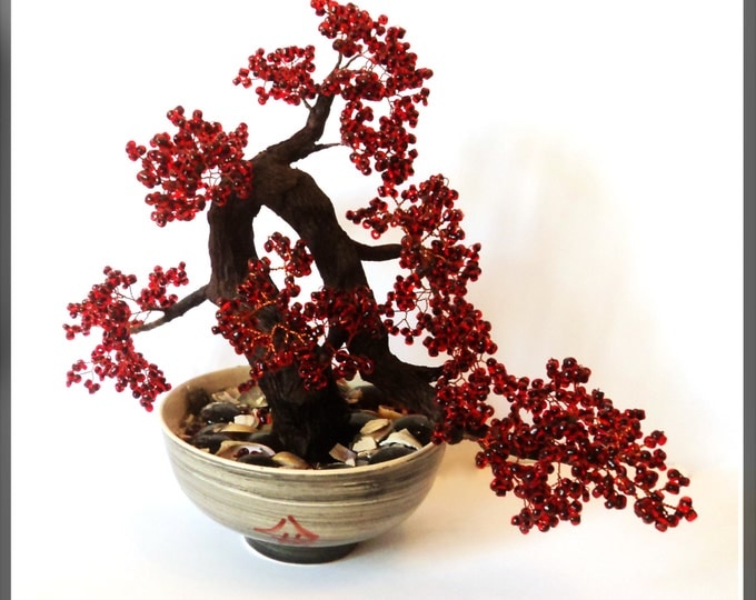 Beaded artificial tree red bonsai, autumn japanese bonsai, feng shui tree, wire sculpture, woody plant