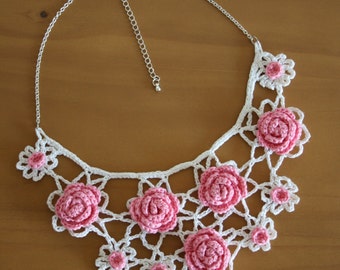 Crochet Rose Lariat Scarf or Necklace with Knitted Stem