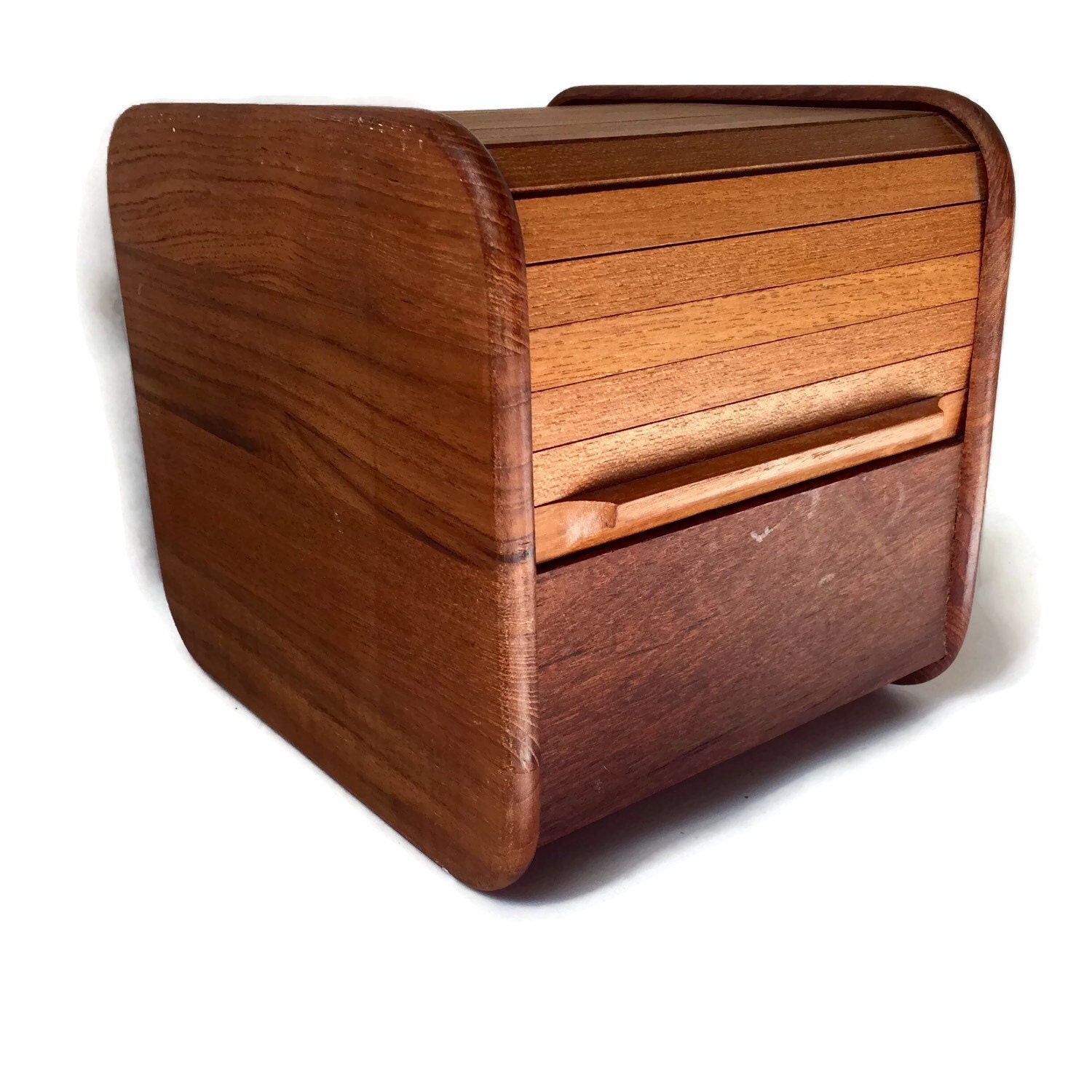 Mid Century Teak Wood Tambour Box, Roll Top Storage Box, Wood Desk